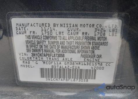 2015 Nissan Versa 1.6 S+ z USA, uszkodzony, nr VIN 3N1CN7AP8FL873058